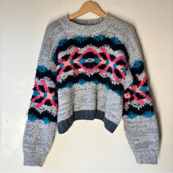 Free People I Heart You Wool Sweater Fuzzy Cropped Multicolored OB710276 Size M - Picture 2 of 11